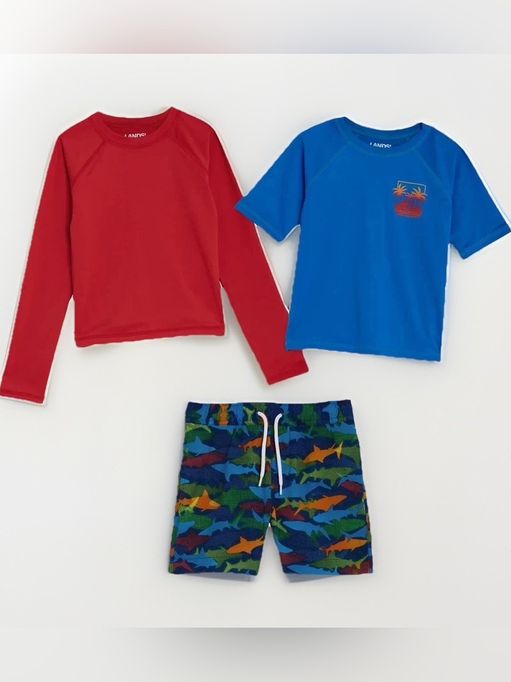 Lands' End 3 Piece Swim Set Rash-Guard Trunks Boy's Red Shark Print size 5